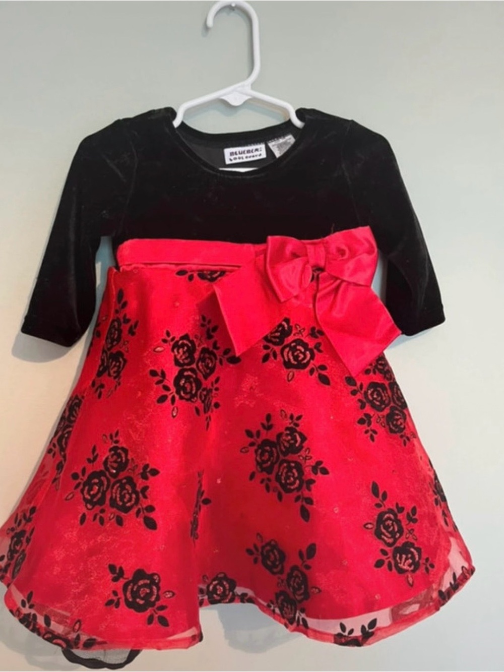 Girls 18M Red & Black Floral Velvet Dress w/ Bow – Party Holiday
